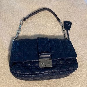 CHRISTIAN DIOR Cannage Lock Flap Leather Shoulder Bag Navy blue VINTAGE